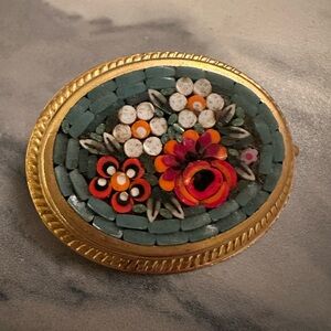 Vintage Mosaic Pin Brooch Floral Multicoloured I1950's Leaf Green Goldtone